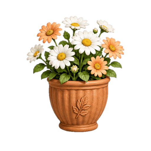 Daisies blooming in a terracotta pot