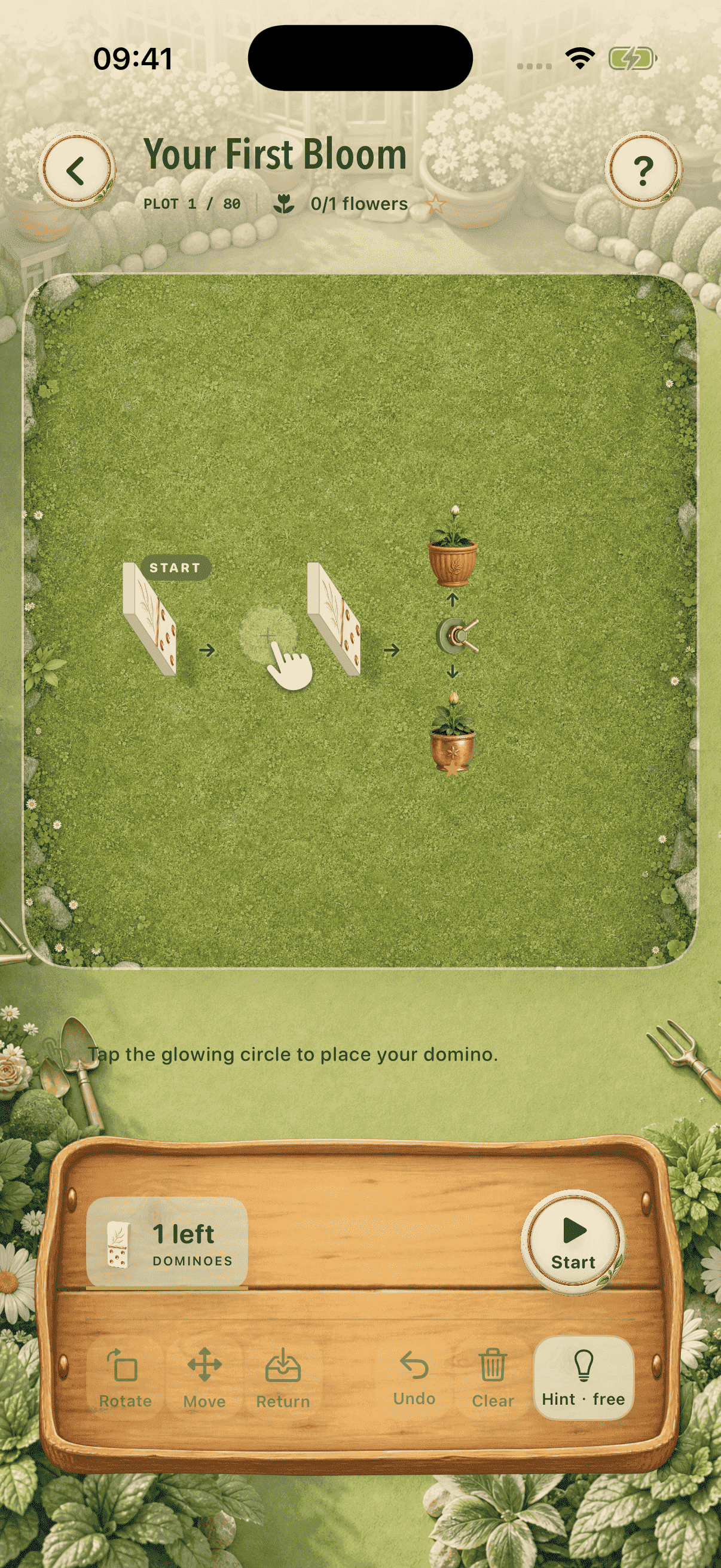Level 1: a straight domino path with one missing piece