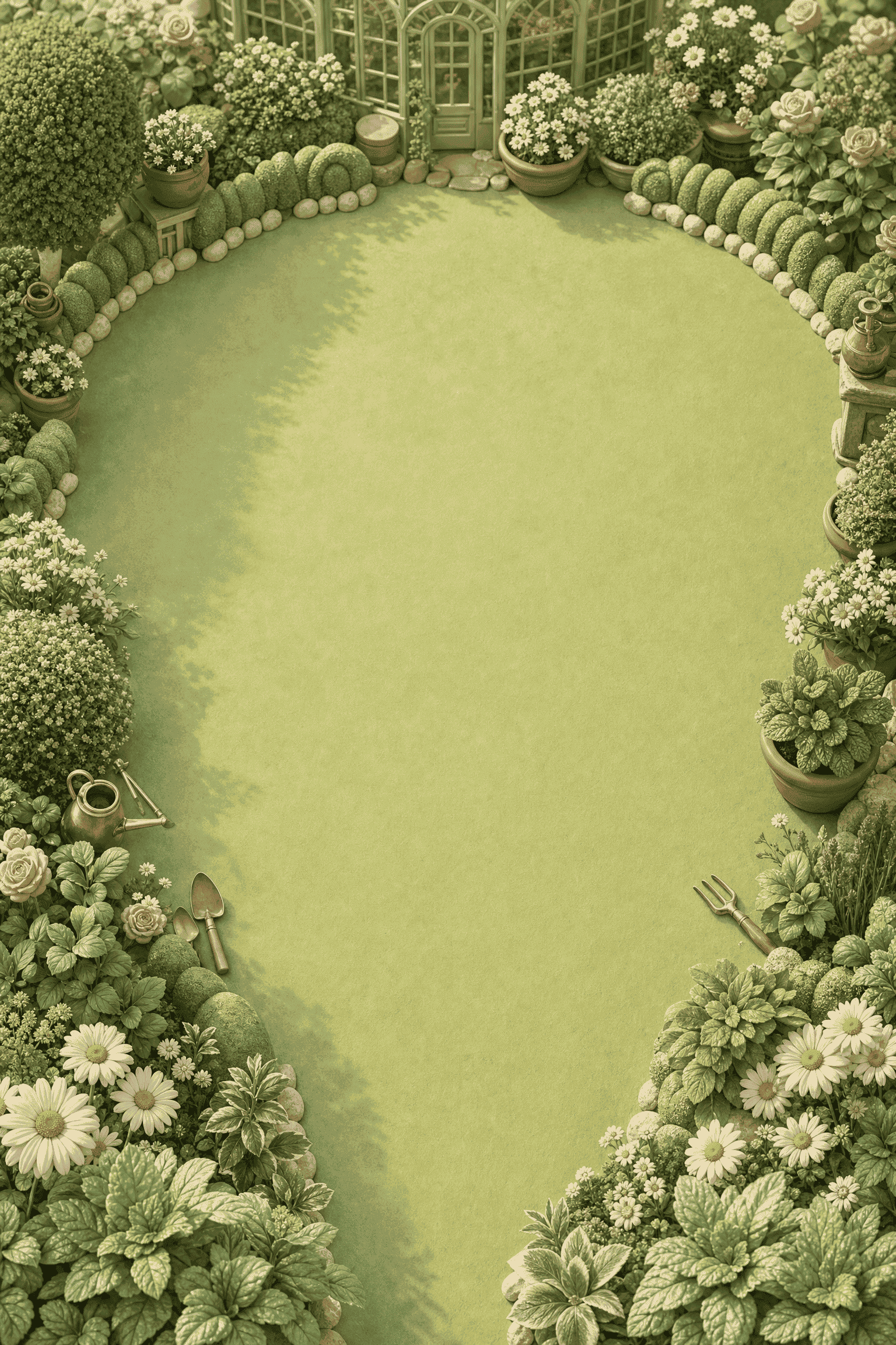 A sunlit garden with flowering pots and a quiet green clearing